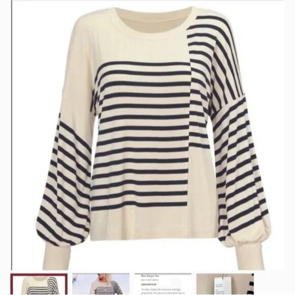 CAbi Tops - CABI Box Stripe Tee Bell Sleeve Cream and Navy Sz L #4237 NWOT
